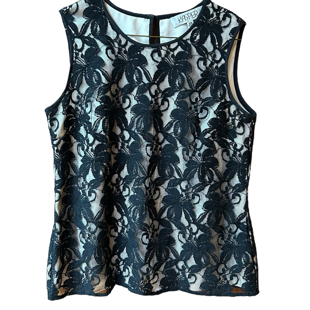 Kasper Black Cream Lace Sleeveless Top XS